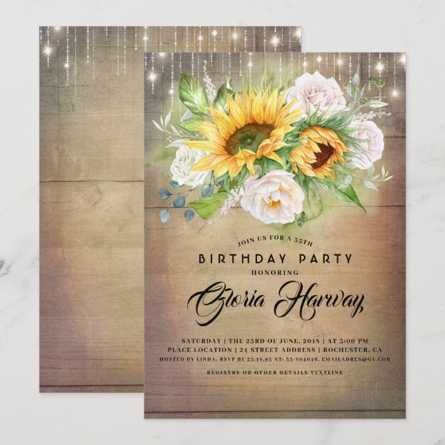 Invitación Sunflowers y White Roses Rustic Birday Party (Anverso / Reverso)