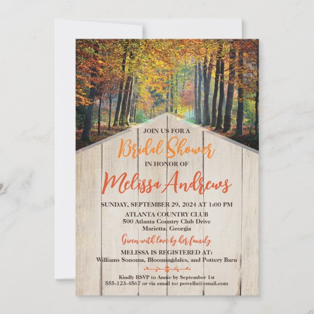 Invitación Sunny Autumn Forest, Woodgrain Bridal Shower (Anverso)