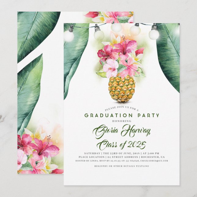 Invitación Sunny Pineapple Floral Vase Beach Graduation Party (Anverso / Reverso)