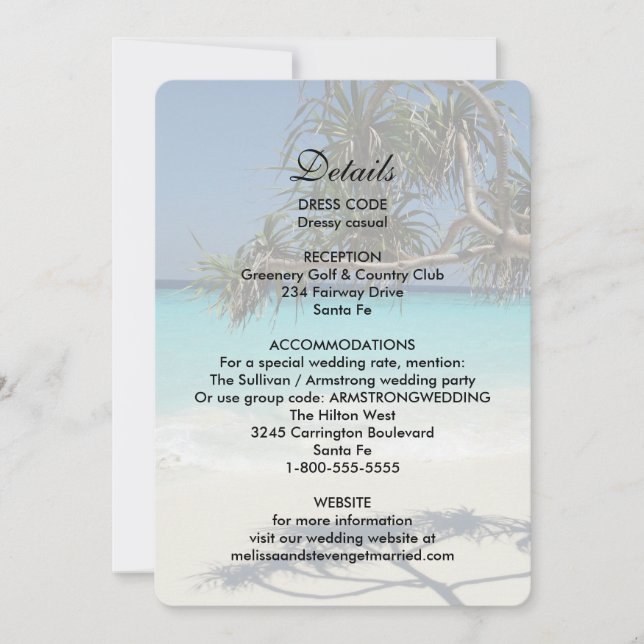 Invitación Sunny Tropical Beach Ocean Paradise Boda Detalle (Anverso)