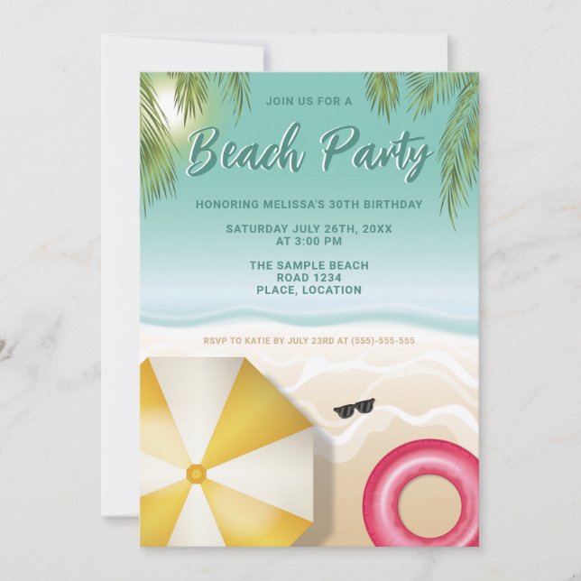 Invitación Sunny Tropical Beach Palm Leaves Teal Birthday (Anverso)