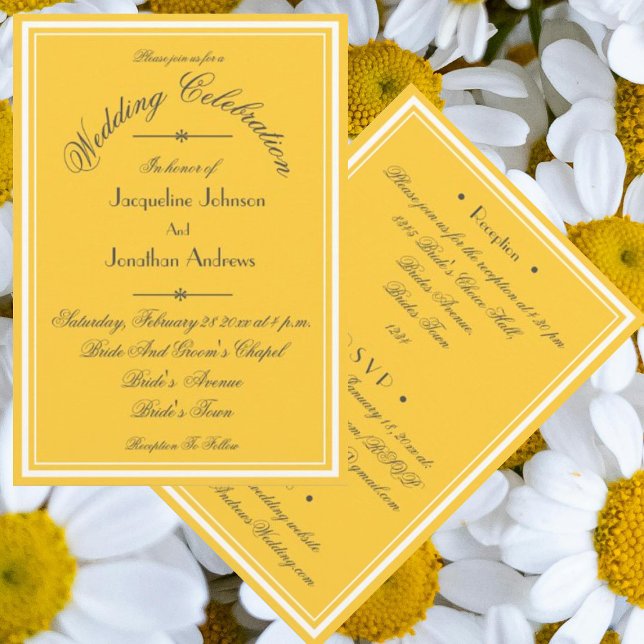Invitación Sunny Yellow All In One RSVP Email Website Boda (Sunny yellow All-In-One wedding invitations with chic elegant script, RSVP, email, website etc.)