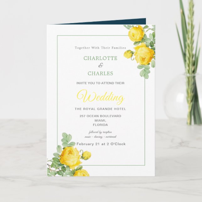 Invitación Sunny Yellow Roses Floral Elegante Boda (Anverso)