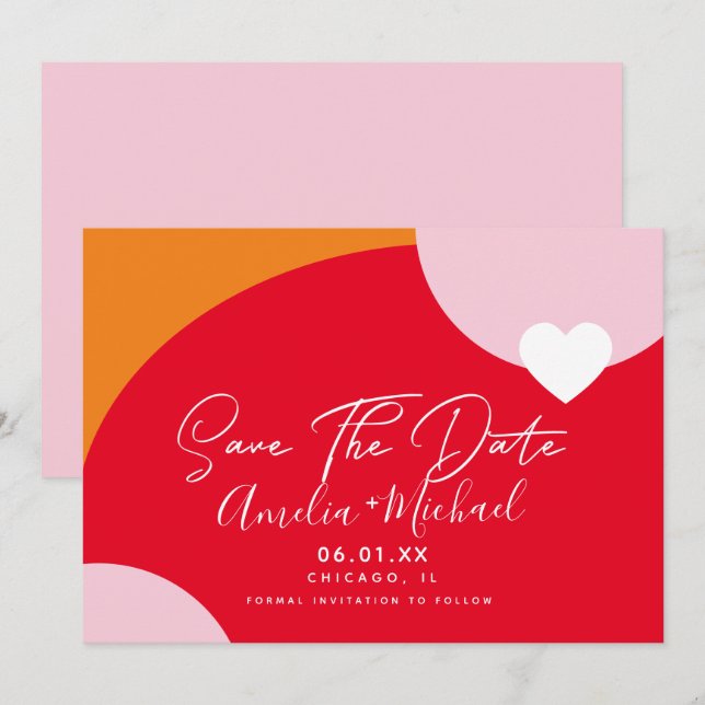 Invitación Sunrise Bold Pink Orange Salvar la Fecha (Anverso / Reverso)