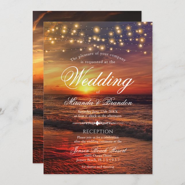 Invitación Sunset Beach Lights Boda de verano y recepción (Anverso / Reverso)