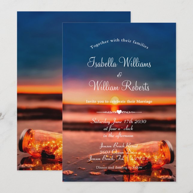 Invitación Sunset Beach Mason Jar Blue Night Boda (Anverso / Reverso)