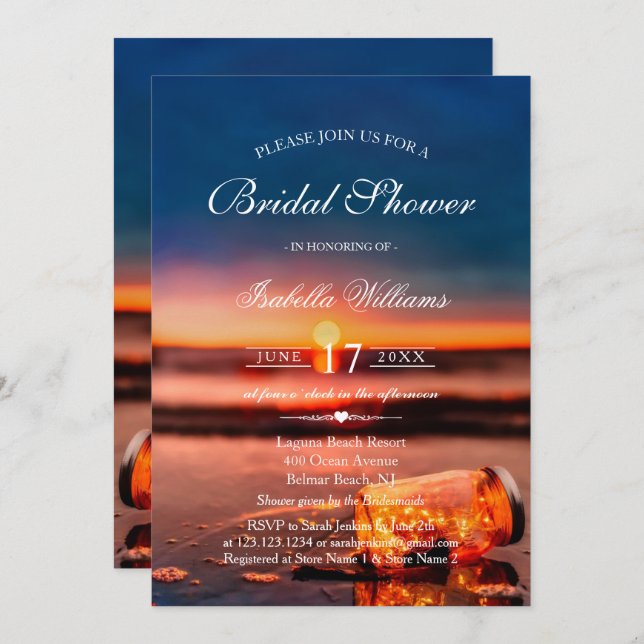 Invitación Sunset Beach Mason Jar Blue Night Shower (Anverso / Reverso)
