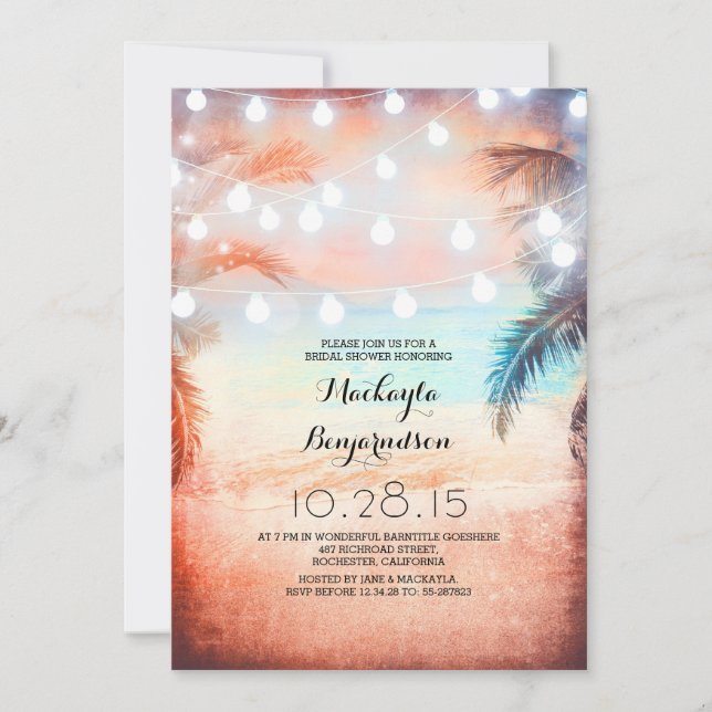Invitación Sunset Beach & String Lights Brights Brights Showe (Anverso)