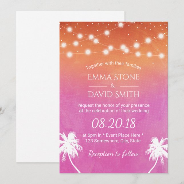 Invitación Sunset Beach Wedding Palm Trees Elegante acuarela (Anverso / Reverso)