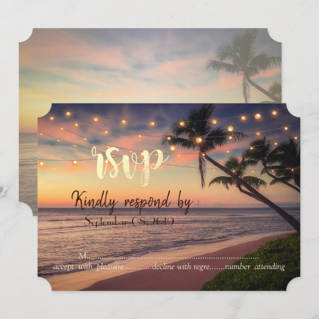 Invitación Sunset Beach Wedding, Palmas, Luces RSVP (Anverso / Reverso)