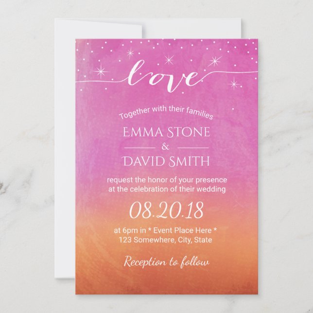 Invitación Sunset Beach Wedding Script Love Watercolor (Anverso)