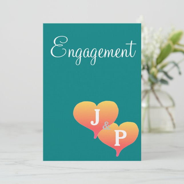 Invitación Sunset Hearts Verde azulado Green Monogram Engagem (Anverso de pie)
