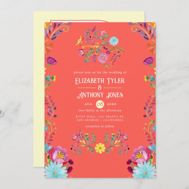 Invitación Sunset Orange/Cream Floral Mexican Fiesta Wedding (Anverso / Reverso)