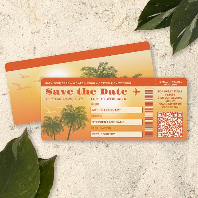 Invitación Sunset Palm Trees Faux Boarding Pass Guardar La Fe (This design is ideal for destination weddings or beach weddings, for example.)