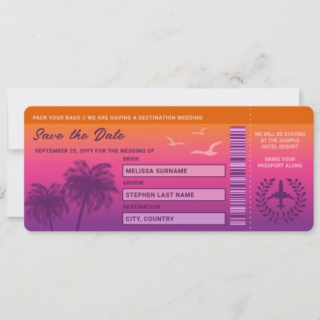 Invitación Sunset Palm Trees Faux Boarding Pass Guardar La Fe (Anverso)