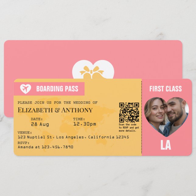 Invitación Sunset Pink & Goldenrod Boarding Pass Wedding (Anverso / Reverso)