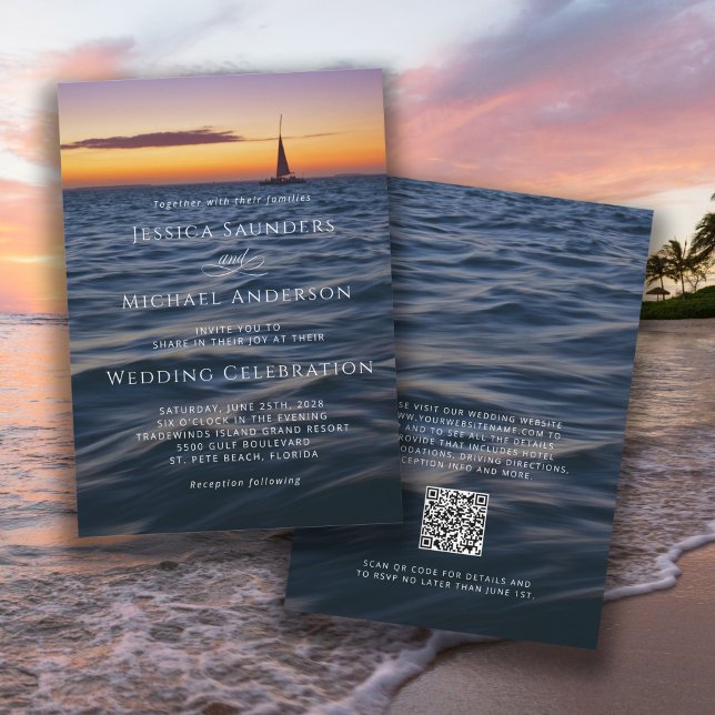 Invitación Sunset Sail Boda Náutico Moderno con código QR (Invitations available in both printed and instant download digital formats.)