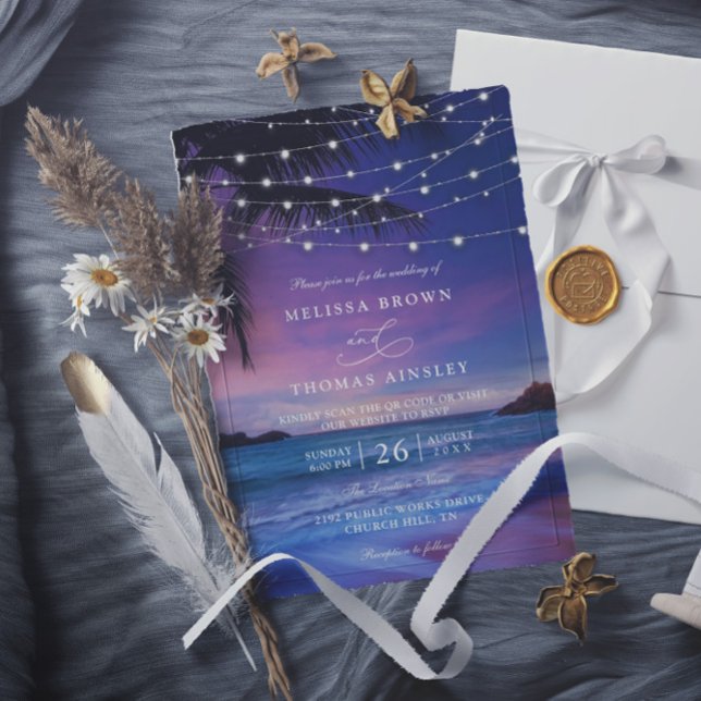 Invitación Sunset String Light Tropical Beach QR Code Wedding (Subido por el creador)