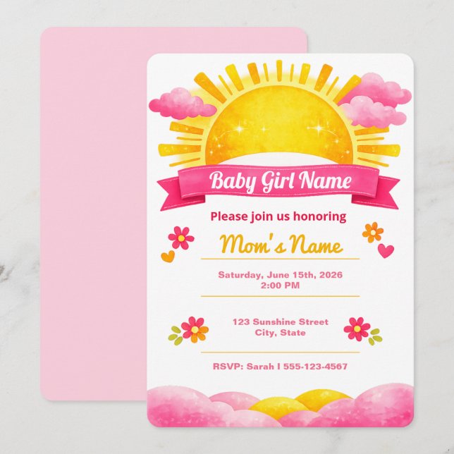 Invitación Sunshine Baby Girl Watercolor Shower (Anverso / Reverso)