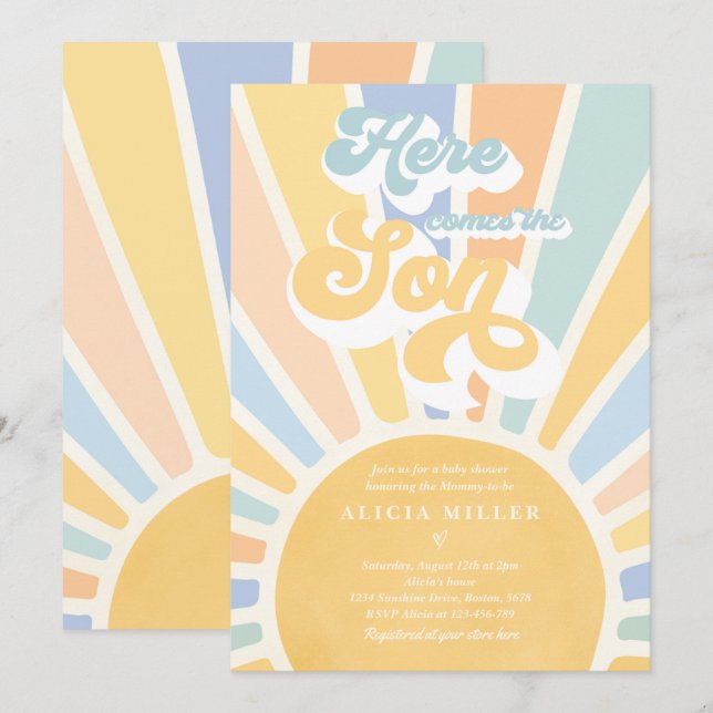 Invitación Sunshine Baby Shower aquí llega con los rayas azul (Anverso / Reverso)