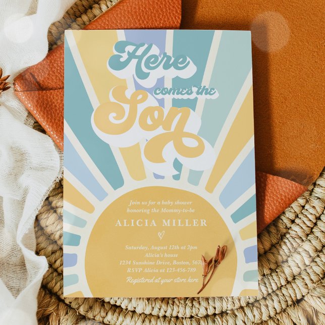 Invitación Sunshine Baby Shower aquí llega con los rayas azul (Subido por el creador)