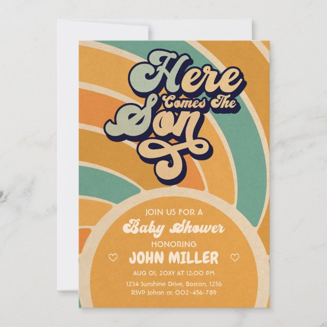 Invitación Sunshine Baby Shower aquí llega el Son Retro (Anverso)