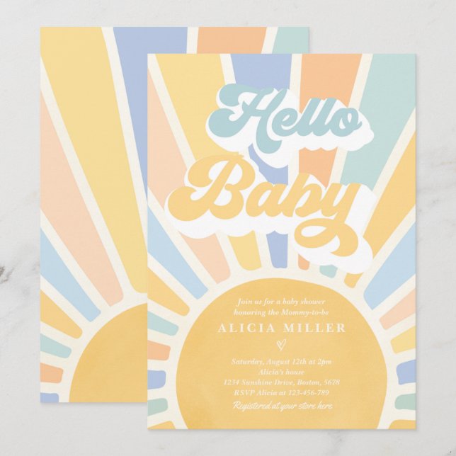 Invitación Sunshine Baby Shower Boho Blue Rainbow Sunshine (Anverso / Reverso)