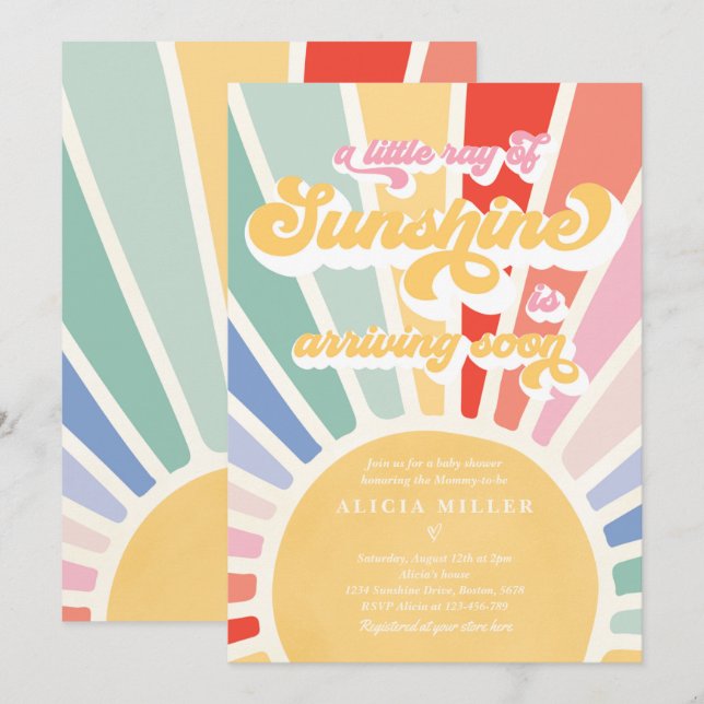 Invitación Sunshine Baby Shower Boho Retro Rainbow Sunshine (Anverso / Reverso)