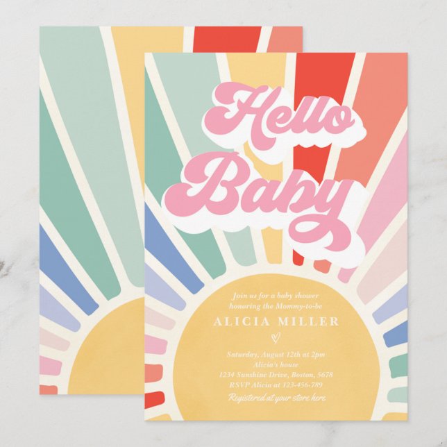 Invitación Sunshine Baby Shower Boho Retro Rainbow Sunshine (Anverso / Reverso)