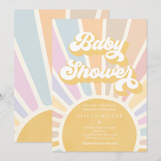Invitación Sunshine Baby Shower Boho Retro Rosa Sunshine (Anverso / Reverso)