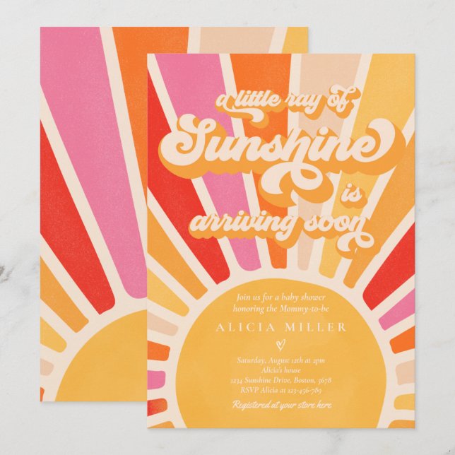 Invitación Sunshine Baby Shower Boho Retro Rosa Sunshine (Anverso / Reverso)