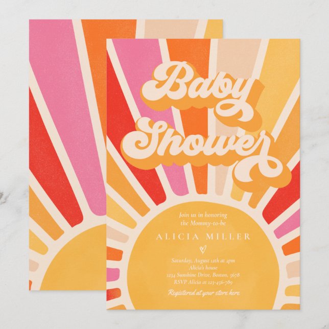 Invitación Sunshine Baby Shower Boho Retro Rosa Sunshine (Anverso / Reverso)