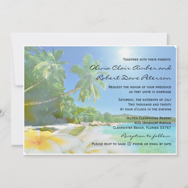Invitación Sunshine Beach Palm Trees Plumerias Wedding Invita (Anverso)
