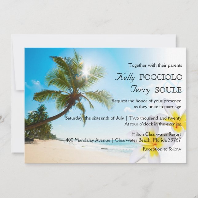 Invitación Sunshine Beach Palm Trees Plumerias Wedding Invite (Anverso)