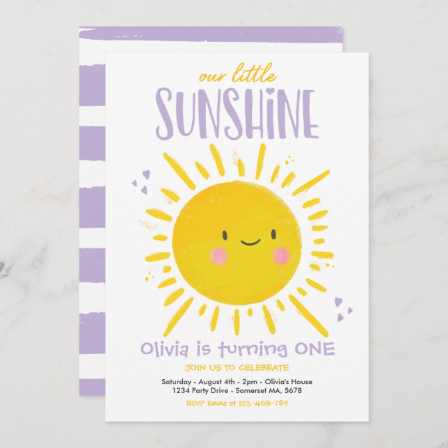 Invitación Sunshine Birday Party Purple Our Little Sunshine P (Anverso / Reverso)