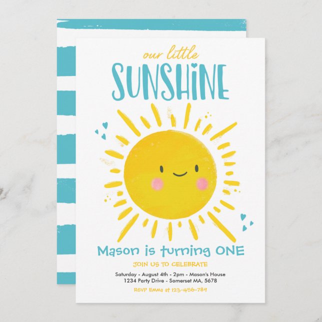 Invitación Sunshine Birday Party Turquoise Little Sunshine (Anverso / Reverso)