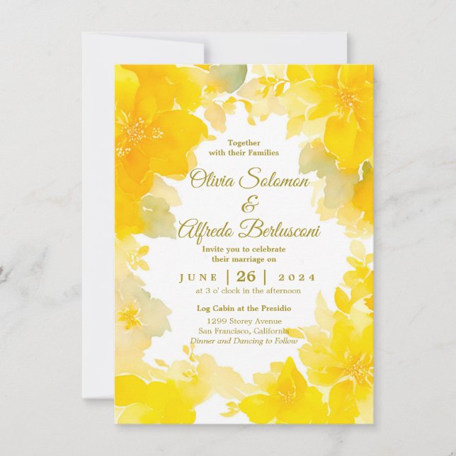 Invitación Sunshine & Blooms: Floral acuarela amarilla (Anverso)