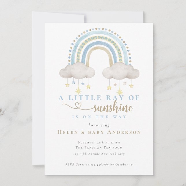 Invitación Sunshine Blue Boho Rainbow Boy Baby Shower (Anverso)
