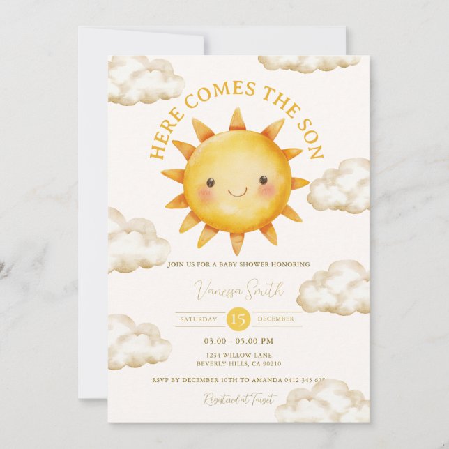 Invitación Sunshine Cloud Here Comes the Son Baby Shower (Anverso)