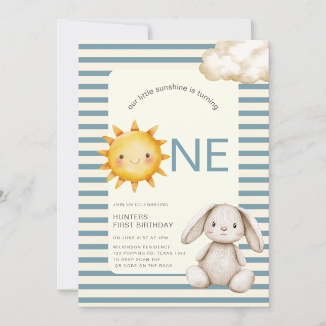 Invitación Sunshine Cute Bunny First Birthday OR code (Anverso)