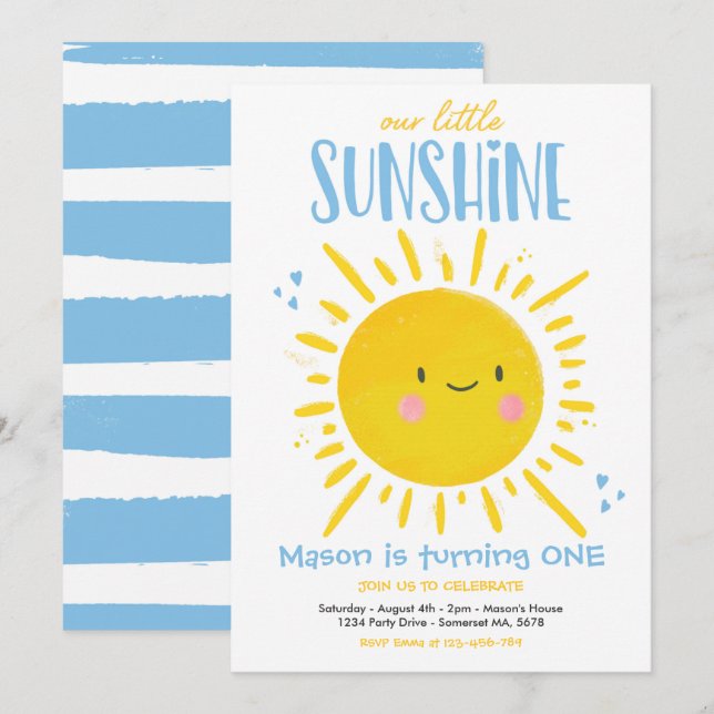 Invitación Sunshine fiesta de cumpleaños azul nuestro pequeño (Anverso / Reverso)