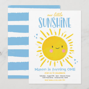 Invitación Sunshine fiesta de cumpleaños azul nuestro pequeño