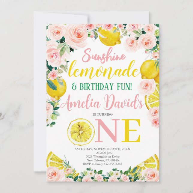 Invitación Sunshine Lemon Lemonade y Fun First Birday (Anverso)