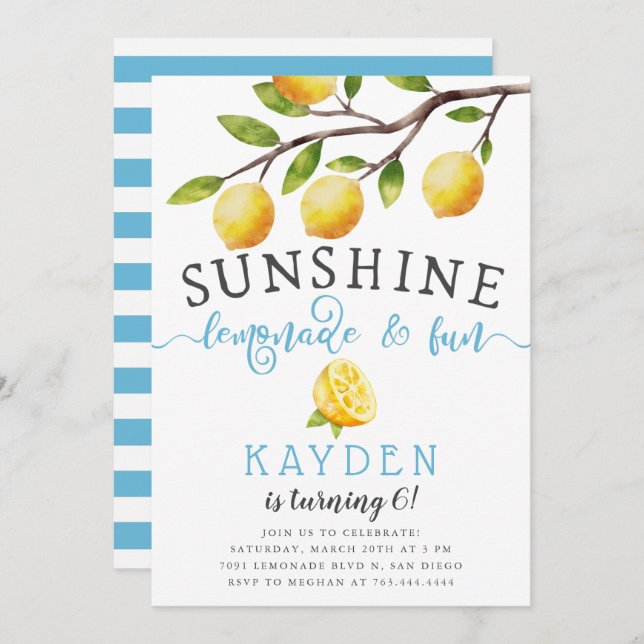Invitación Sunshine Lemonade y Fun Boy's Birthday Party (Anverso / Reverso)