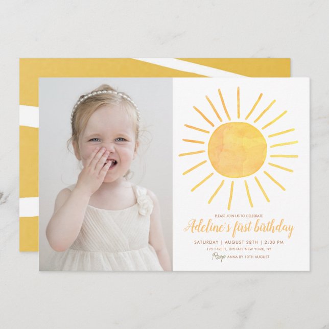 Invitación Sunshine Modern Watercolor Foto Cumpleaños (Anverso / Reverso)