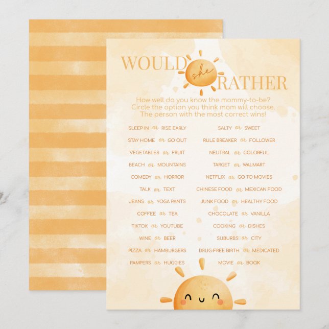 Invitación Sunshine Prefiere Un Juego De Baby Shower (Anverso / Reverso)
