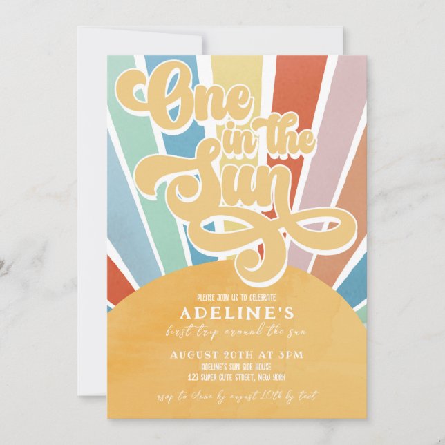 Invitación Sunshine primer cumpleaños arcoiris colorido Boho (Anverso)