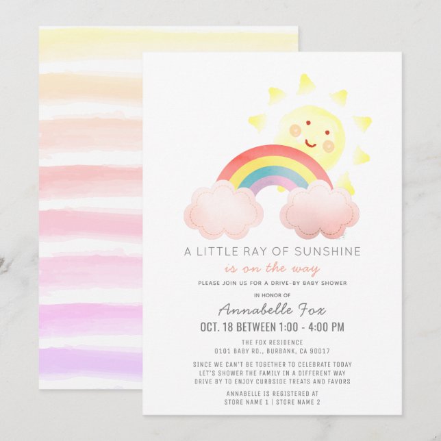 Invitación Sunshine & Rainbow Drive by Baby Shower (Anverso / Reverso)