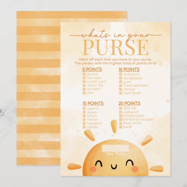 Invitación Sunshine What's in Your Purse Baby Shower Game (Anverso / Reverso)