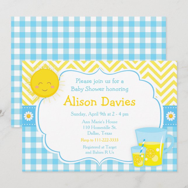 Invitación Sunshine y Lemonade Baby Shower azul y amarillo (Anverso / Reverso)